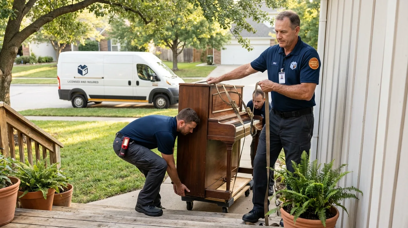 Licensed piano movers securing grand piano in Farmingdale, NY