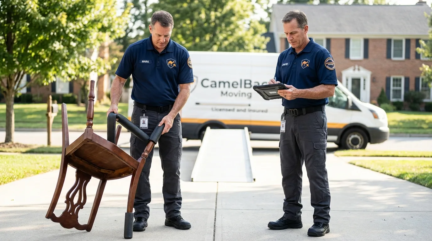 Movers inspecting furniture for damage prevention before loading in Farmingdale, NY