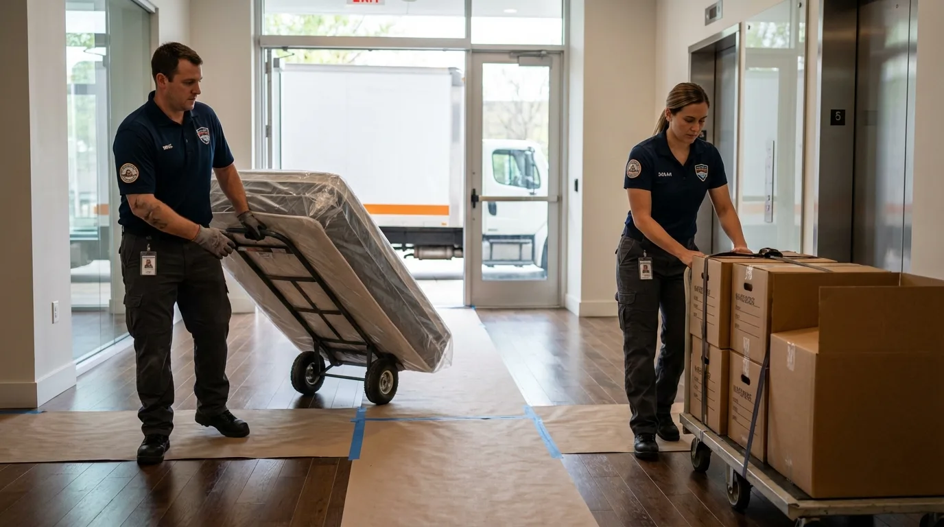 Professional apartment movers loading elevator in Farmingdale, NY