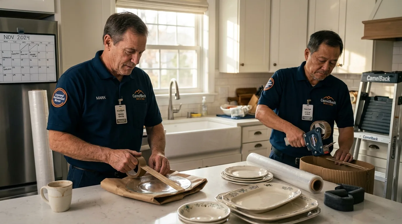 Professional crew packing kitchen dishware in Farmingdale, NY