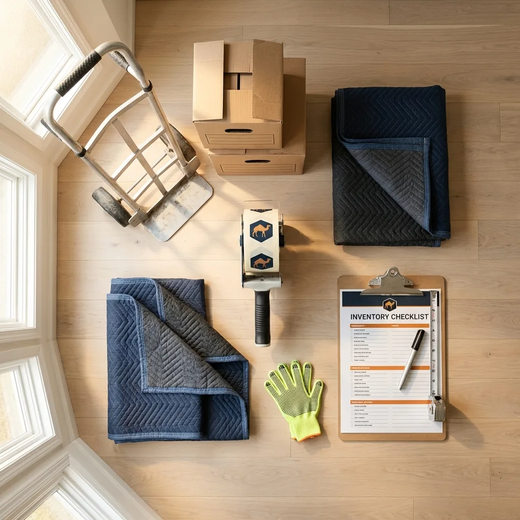 Professional moving supplies and packing materials layout for Farmingdale residential relocations